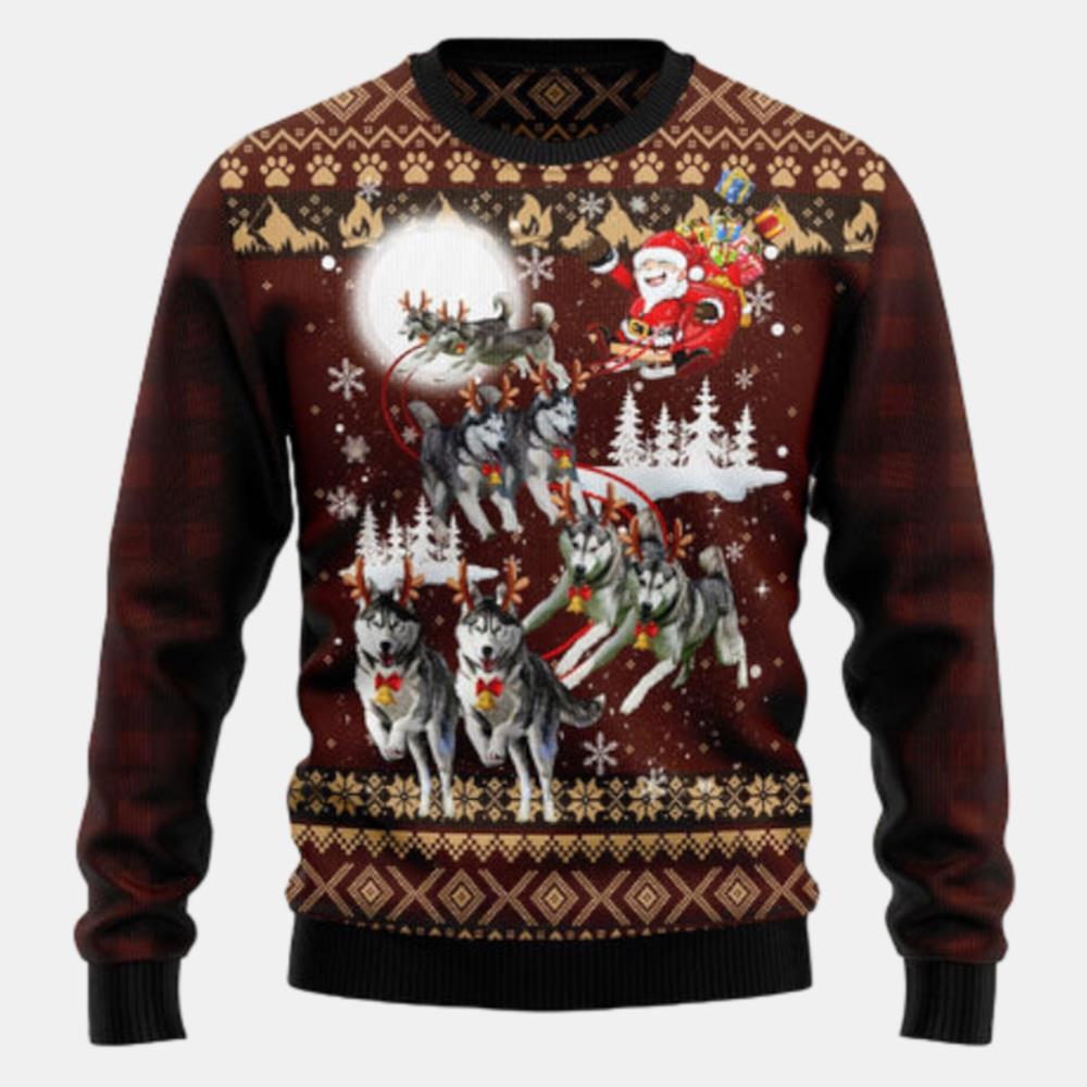 Siberian Husky Reindeers Car Ugly Sweater