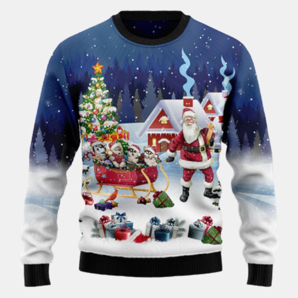 Siberian Husky Santa Sled Ugly Sweater