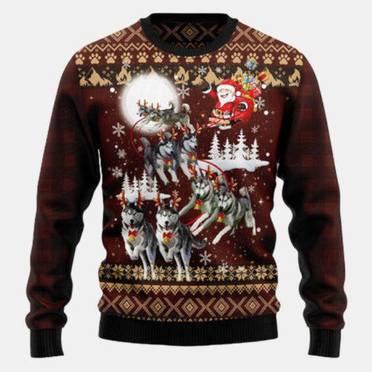 Siberian Husky Reindeers Car Ugly Sweater